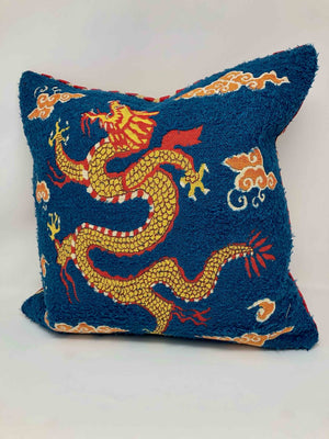 Dragon with Red Gold Stripe Back Throw Pillow Animal Blue Cotton and Wool Embroidery Shop Zimman's Fabric
