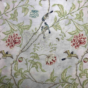 Open image in slideshow, Acquitaine Paradiso Stone 100 Percent Red Green Floral Birds 100 Percent Linen Shop Zimman&#39;s Fabrics
